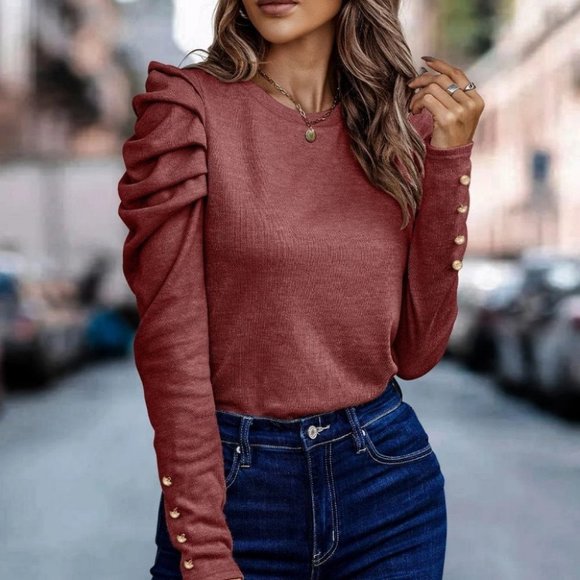 Puff Sleeve Button Detail Top rusty red tone - Picture 4 of 5